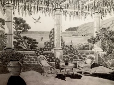 Drawing titled "Sous la glycine" by Sandrine Piegay, Original Artwork, Graphite