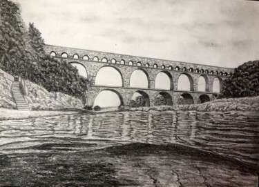 Drawing titled "Le pont du gard" by Sandrine Piegay, Original Artwork, Graphite