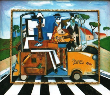 Schilderij getiteld "Picasso's jazz band." door Sandro Sabatini, Origineel Kunstwerk, Olie
