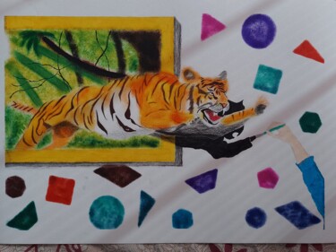 Malarstwo zatytułowany „Tiger Jumping from…” autorstwa Sangram Bubun, Oryginalna praca, Pastel