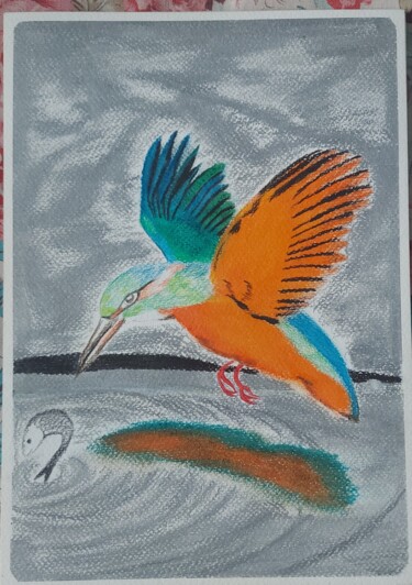 Schilderij getiteld "Sangram's KINGFISHE…" door Sangram Bubun, Origineel Kunstwerk, Pastel Gemonteerd op Houten paneel