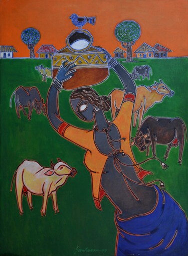 Peinture intitulée "Milkmaid" par Santanu Nandan Dinda, Œuvre d'art originale, Acrylique