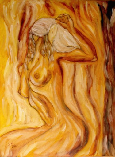Painting titled "Figura dorada" by Santi Goñi, Original Artwork, Oil Mounted on Wood Panel