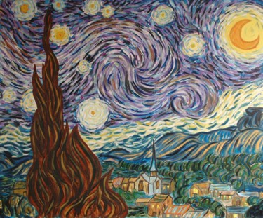 Pintura intitulada "Noche-estrellada-va…" por Santi Goñi, Obras de arte originais, Óleo Montado em Armação em madeira