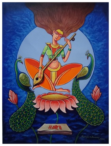 Schilderij getiteld "Goddess Saraswati" door Santosh Dangare, Origineel Kunstwerk, Acryl