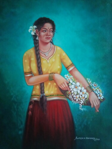 Pintura intitulada "Woman With Flower" por Santosh Dangare, Obras de arte originais, Óleo