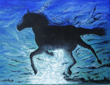 Painting titled "Swimming" by São Vieira, Original Artwork, Acrylic Mounted on Cardboard