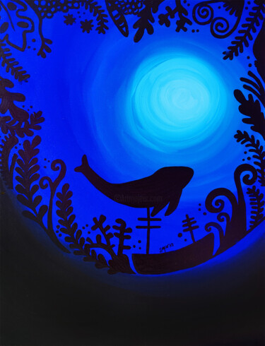 Painting titled "La Baleine dans les…" by Sapna Corbisiero, Original Artwork, Acrylic Mounted on Wood Stretcher frame