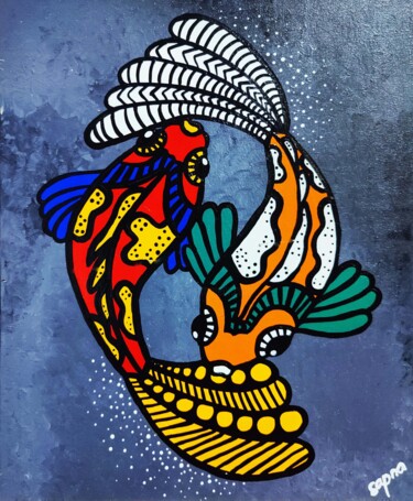 Painting titled "Carpes Koi" by Sapna Corbisiero, Original Artwork, Acrylic Mounted on Wood Stretcher frame