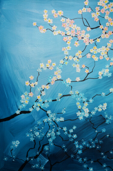 Painting titled "Cherry Blossom 1." by Sarah I. Avni, Original Artwork, Acrylic Mounted on Wood Stretcher frame