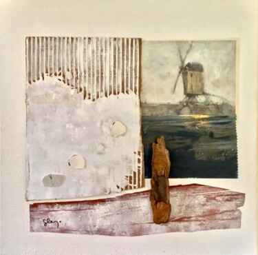 Painting titled "Le moulin de mon co…" by Sarah Lanyi, Original Artwork, Collages Mounted on Wood Stretcher frame