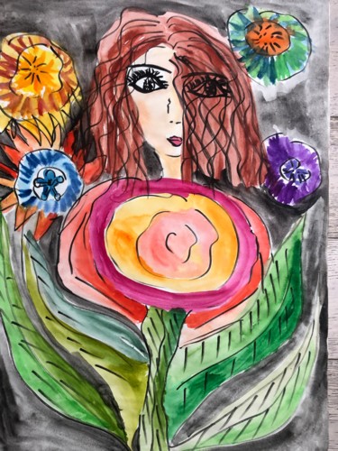 「The girl with flowe…」というタイトルの絵画 Sarah Potacheによって, オリジナルのアートワーク, 水彩画
