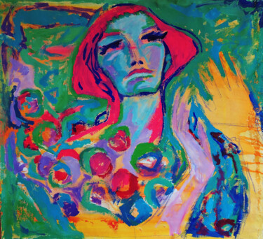 Malerei mit dem Titel "Femme fleurs" von Sara Raquel Sarangello, Original-Kunstwerk, Öl