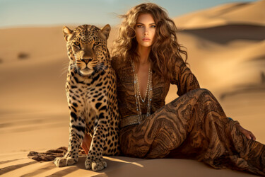 Arte digitale intitolato "Girl with a leopard…" da Saras, Opera d'arte originale, Immagine generata dall'IA