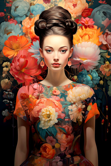 Digital Arts titled "Girl in flowers 4" by Saras, Original Artwork, AI generated image