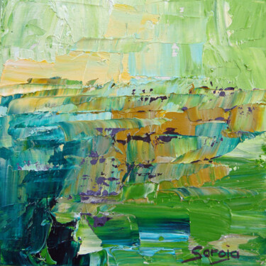 Painting titled "1208-10Q Green Beac…" by Saroja, Original Artwork, Oil Mounted on Wood Panel