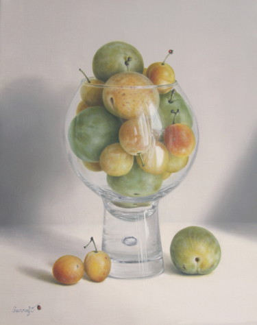 Painting titled "Prunes et mirabelles" by Reza Sarrafi, Original Artwork, Oil Mounted on Wood Stretcher frame