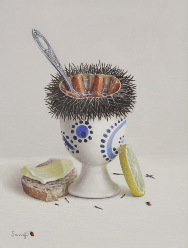 Schilderij getiteld "La dégustation d'ou…" door Reza Sarrafi, Origineel Kunstwerk, Olie