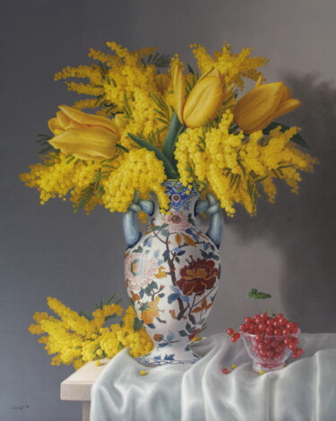 Pittura intitolato "Bouquet de mimosas…" da Reza Sarrafi, Opera d'arte originale, Olio Montato su Telaio per barella in legno