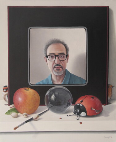 Malerei mit dem Titel "L'autoportrait, Rez…" von Reza Sarrafi, Original-Kunstwerk, Öl Auf Keilrahmen aus Holz montiert
