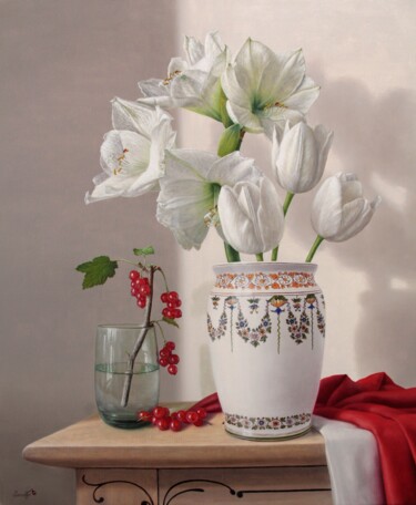 Peinture intitulée "Bouquet de lys blan…" par Reza Sarrafi, Œuvre d'art originale, Huile Monté sur Châssis en bois