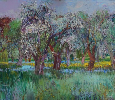 Painting titled "Blooming apple trees" by Šarūnas Šarkauskas, Original Artwork, Oil