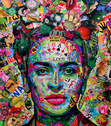 「‘Viva el Mexico!’」というタイトルのコラージュ Sasha Bomによって, オリジナルのアートワーク, コラージュ ウッドパネルにマウント