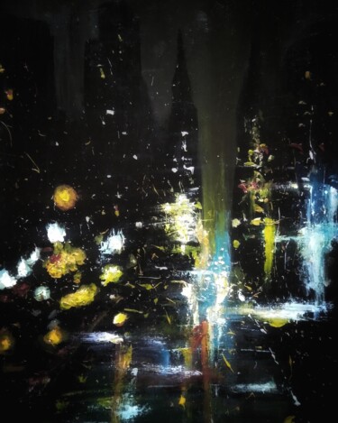 Painting titled "Night city lights" by Sasha Brisac, Original Artwork, Acrylic