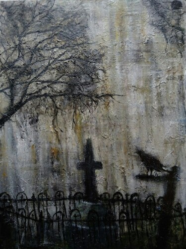 Painting titled "Raven in the cemete…" by Sasha Brisac, Original Artwork, Acrylic