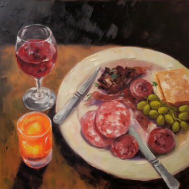 Schilderij getiteld "Late Dinner" door Sasha Savona, Origineel Kunstwerk, Olie