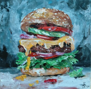 Painting titled "Cheeseburger 2" by Sasha Savona, Original Artwork, Oil Mounted on Cardboard