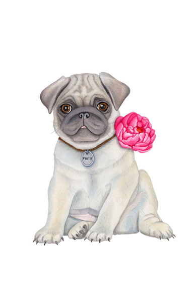 Painting titled "Beige Pug" by Sasha Solomon, Original Artwork, Watercolor