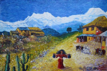 Pittura intitolato ""Nepali Village"" da Satyam Art, Opera d'arte originale, Acrilico
