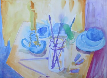 Malerei mit dem Titel ""Atelier" - Stilleb…" von Satyam Art, Original-Kunstwerk, Aquarell