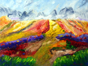 Paisaje pastel - Arte original - dibujo al carbón, pintura pastel - Paisaje  de montaña brumoso, puesta de sol en pastel