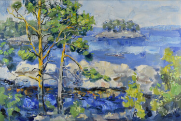 Painting titled "Lake Painting Islan…" by Natalya Savenkova, Original Artwork, Oil