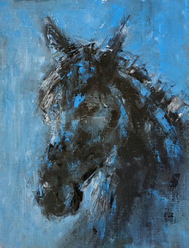 绘画 标题为“Black Beauty in Blue” 由Sbboursot, 原创艺术品, 油 安装在其他刚性面板上