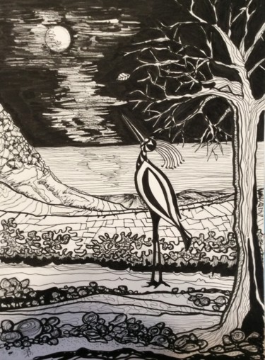 Tekening getiteld "L’oiseau lune" door Patricia Schmitzer, Origineel Kunstwerk, Inkt