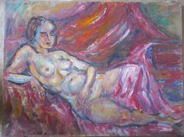 Painting titled "Женщина лежит" by Scholar, Original Artwork, Oil