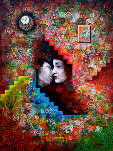 Painting titled "El Beso" by Sciortino, Original Artwork, Acrylic Mounted on Wood Panel