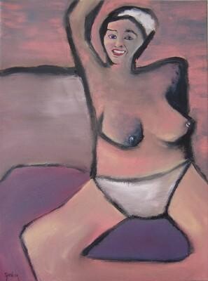 Painting titled "Topless Bather" by Scott Spencer, Original Artwork, Oil Mounted on Wood Stretcher frame