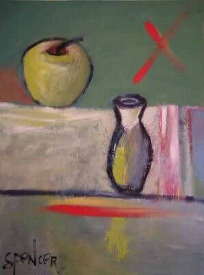 Painting titled "Apple and Vase" by Scott Spencer, Original Artwork, Oil