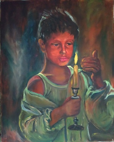 Pintura titulada "Boy with a candle" por Svitlana Duvanova, Obra de arte original, Oleo Montado en Bastidor de camilla de ma…