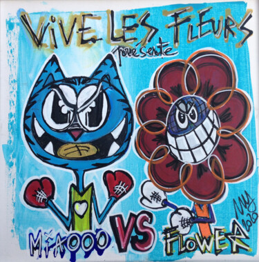 Pintura intitulada "Miaoooo VS Flower" por Seb Paul Michel, Obras de arte originais, Acrílico