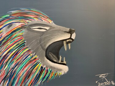 Painting titled "Lion #3" by Sebastian Tim Relewicz, Original Artwork, Acrylic Mounted on Wood Stretcher frame