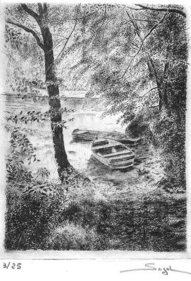 Printmaking titled "Barques à Biaufond" by Segal-Creismeas, Original Artwork, Etching