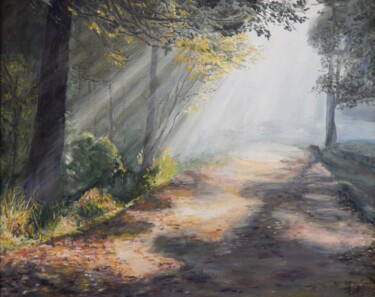 Painting titled "The sunny park" by Natalia Fedotovskikh, Original Artwork, Oil Mounted on Wood Stretcher frame