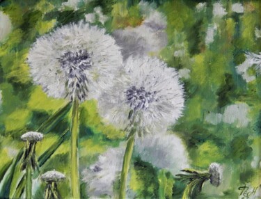 Painting titled "Dandelions." by Natalia Fedotovskikh, Original Artwork, Oil Mounted on Cardboard