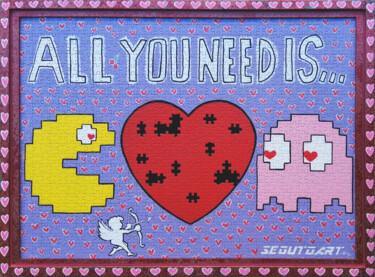 Painting titled "ALL YOU NEED IS..." by Segutoart, Original Artwork, Spray paint Mounted on Wood Panel