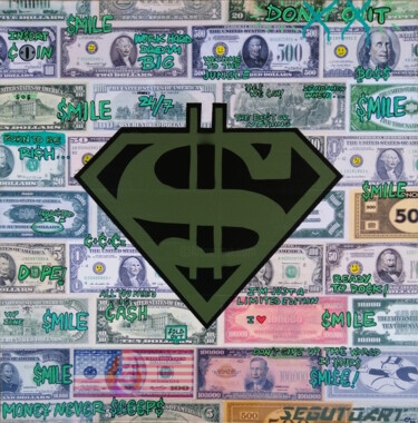 Painting titled "$UPERMAN." by Segutoart, Original Artwork, Spray paint Mounted on Wood Stretcher frame